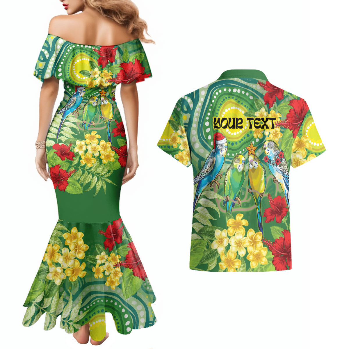 Australia Budgerigars Parakeets Personalised Couples Matching Mermaid Dress and Hawaiian Shirt Cute Budgies Santa Tropical Flowers