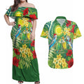 Australia Budgerigars Parakeets Personalised Couples Matching Off Shoulder Maxi Dress and Hawaiian Shirt Cute Budgies Santa Tropical Flowers