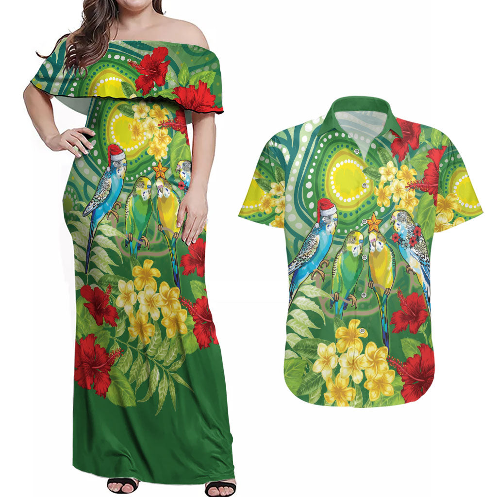 Australia Budgerigars Parakeets Personalised Couples Matching Off Shoulder Maxi Dress and Hawaiian Shirt Cute Budgies Santa Tropical Flowers