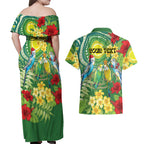 Australia Budgerigars Parakeets Personalised Couples Matching Off Shoulder Maxi Dress and Hawaiian Shirt Cute Budgies Santa Tropical Flowers
