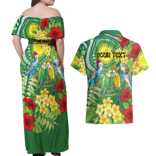 Australia Budgerigars Parakeets Personalised Couples Matching Off Shoulder Maxi Dress and Hawaiian Shirt Cute Budgies Santa Tropical Flowers