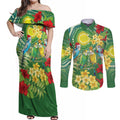 Australia Budgerigars Parakeets Personalised Couples Matching Off Shoulder Maxi Dress and Long Sleeve Button Shirt Cute Budgies Santa Tropical Flowers