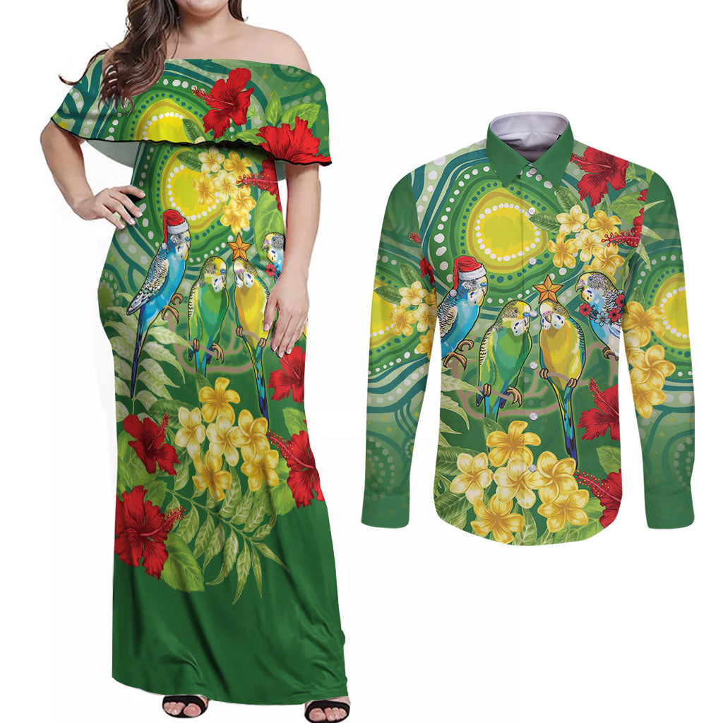 Australia Budgerigars Parakeets Personalised Couples Matching Off Shoulder Maxi Dress and Long Sleeve Button Shirt Cute Budgies Santa Tropical Flowers