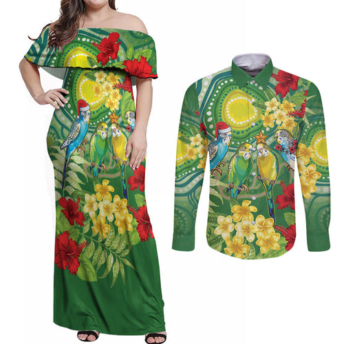 Australia Budgerigars Parakeets Personalised Couples Matching Off Shoulder Maxi Dress and Long Sleeve Button Shirt Cute Budgies Santa Tropical Flowers