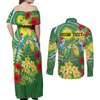 Australia Budgerigars Parakeets Personalised Couples Matching Off Shoulder Maxi Dress and Long Sleeve Button Shirt Cute Budgies Santa Tropical Flowers