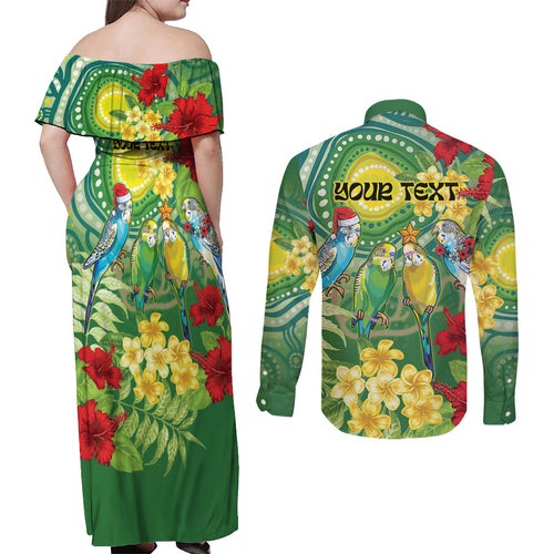 Australia Budgerigars Parakeets Personalised Couples Matching Off Shoulder Maxi Dress and Long Sleeve Button Shirt Cute Budgies Santa Tropical Flowers