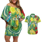 Australia Budgerigars Parakeets Personalised Couples Matching Off Shoulder Short Dress and Hawaiian Shirt Cute Budgies Santa Tropical Flowers