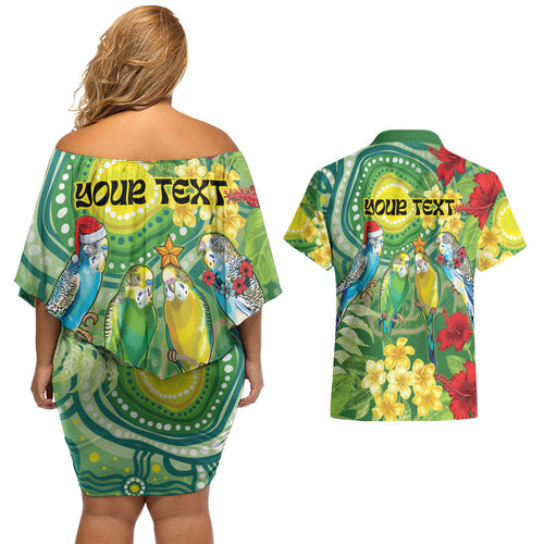 Australia Budgerigars Parakeets Personalised Couples Matching Off Shoulder Short Dress and Hawaiian Shirt Cute Budgies Santa Tropical Flowers