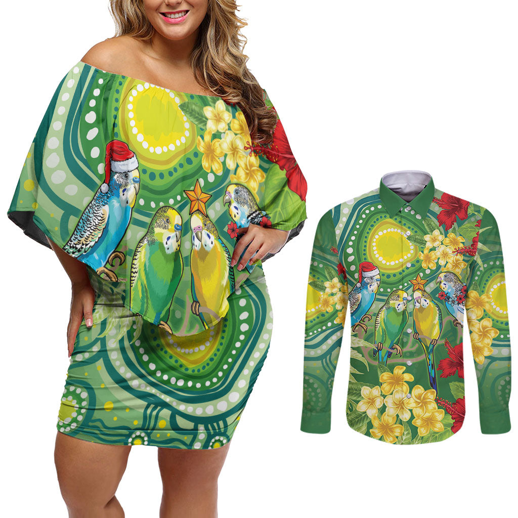Australia Budgerigars Parakeets Personalised Couples Matching Off Shoulder Short Dress and Long Sleeve Button Shirt Cute Budgies Santa Tropical Flowers