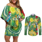 Australia Budgerigars Parakeets Personalised Couples Matching Off Shoulder Short Dress and Long Sleeve Button Shirt Cute Budgies Santa Tropical Flowers
