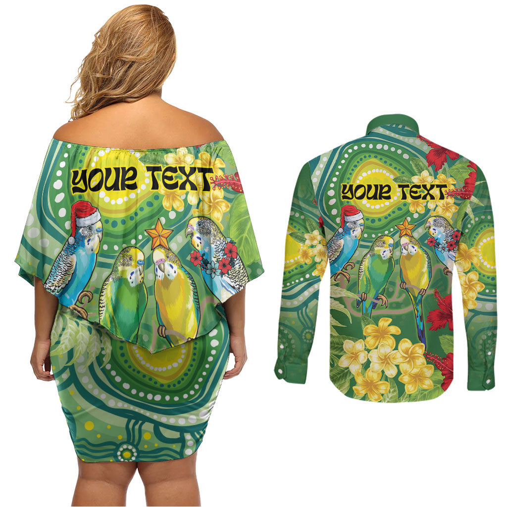Australia Budgerigars Parakeets Personalised Couples Matching Off Shoulder Short Dress and Long Sleeve Button Shirt Cute Budgies Santa Tropical Flowers