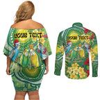 Australia Budgerigars Parakeets Personalised Couples Matching Off Shoulder Short Dress and Long Sleeve Button Shirt Cute Budgies Santa Tropical Flowers
