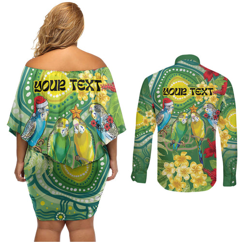 Australia Budgerigars Parakeets Personalised Couples Matching Off Shoulder Short Dress and Long Sleeve Button Shirt Cute Budgies Santa Tropical Flowers