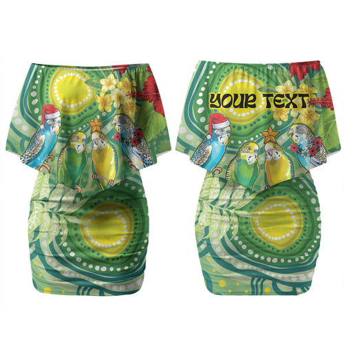 Australia Budgerigars Parakeets Personalised Couples Matching Off Shoulder Short Dress and Long Sleeve Button Shirt Cute Budgies Santa Tropical Flowers LT9