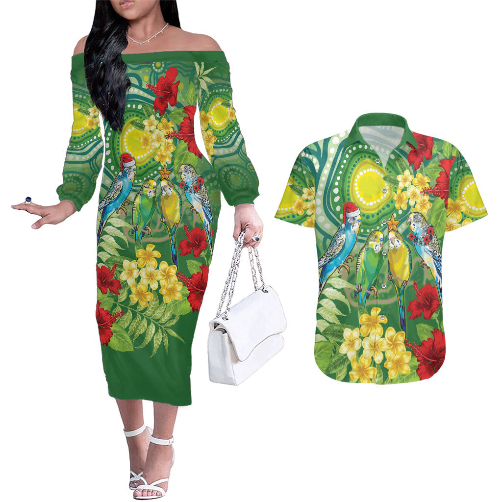 Australia Budgerigars Parakeets Personalised Couples Matching Off The Shoulder Long Sleeve Dress and Hawaiian Shirt Cute Budgies Santa Tropical Flowers