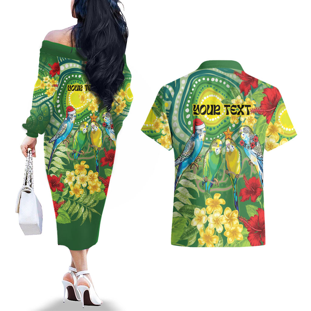 Australia Budgerigars Parakeets Personalised Couples Matching Off The Shoulder Long Sleeve Dress and Hawaiian Shirt Cute Budgies Santa Tropical Flowers