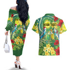 Australia Budgerigars Parakeets Personalised Couples Matching Off The Shoulder Long Sleeve Dress and Hawaiian Shirt Cute Budgies Santa Tropical Flowers