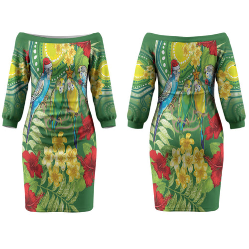 Australia Budgerigars Parakeets Personalised Couples Matching Off The Shoulder Long Sleeve Dress and Hawaiian Shirt Cute Budgies Santa Tropical Flowers LT9
