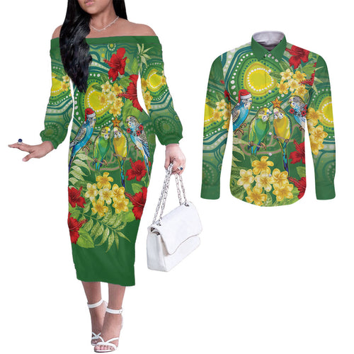 Australia Budgerigars Parakeets Personalised Couples Matching Off The Shoulder Long Sleeve Dress and Long Sleeve Button Shirt Cute Budgies Santa Tropical Flowers