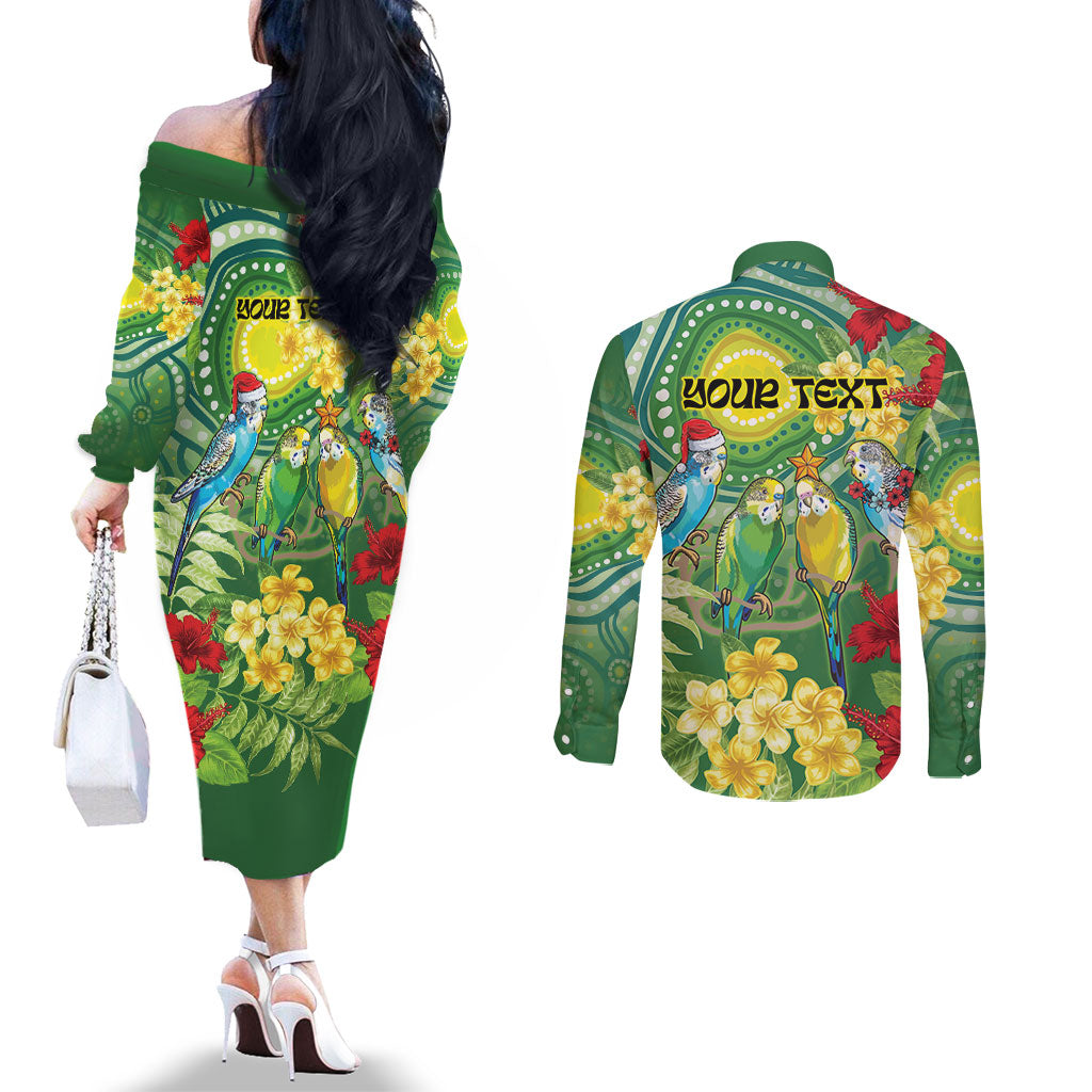 Australia Budgerigars Parakeets Personalised Couples Matching Off The Shoulder Long Sleeve Dress and Long Sleeve Button Shirt Cute Budgies Santa Tropical Flowers