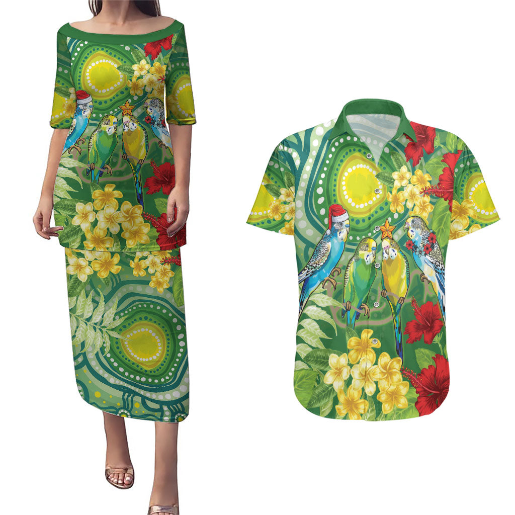Australia Budgerigars Parakeets Personalised Couples Matching Puletasi and Hawaiian Shirt Cute Budgies Santa Tropical Flowers