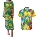 Australia Budgerigars Parakeets Personalised Couples Matching Puletasi and Hawaiian Shirt Cute Budgies Santa Tropical Flowers