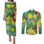 Australia Budgerigars Parakeets Personalised Couples Matching Puletasi and Long Sleeve Button Shirt Cute Budgies Santa Tropical Flowers