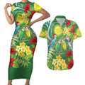 Australia Budgerigars Parakeets Personalised Couples Matching Short Sleeve Bodycon Dress and Hawaiian Shirt Cute Budgies Santa Tropical Flowers