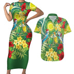 Australia Budgerigars Parakeets Personalised Couples Matching Short Sleeve Bodycon Dress and Hawaiian Shirt Cute Budgies Santa Tropical Flowers