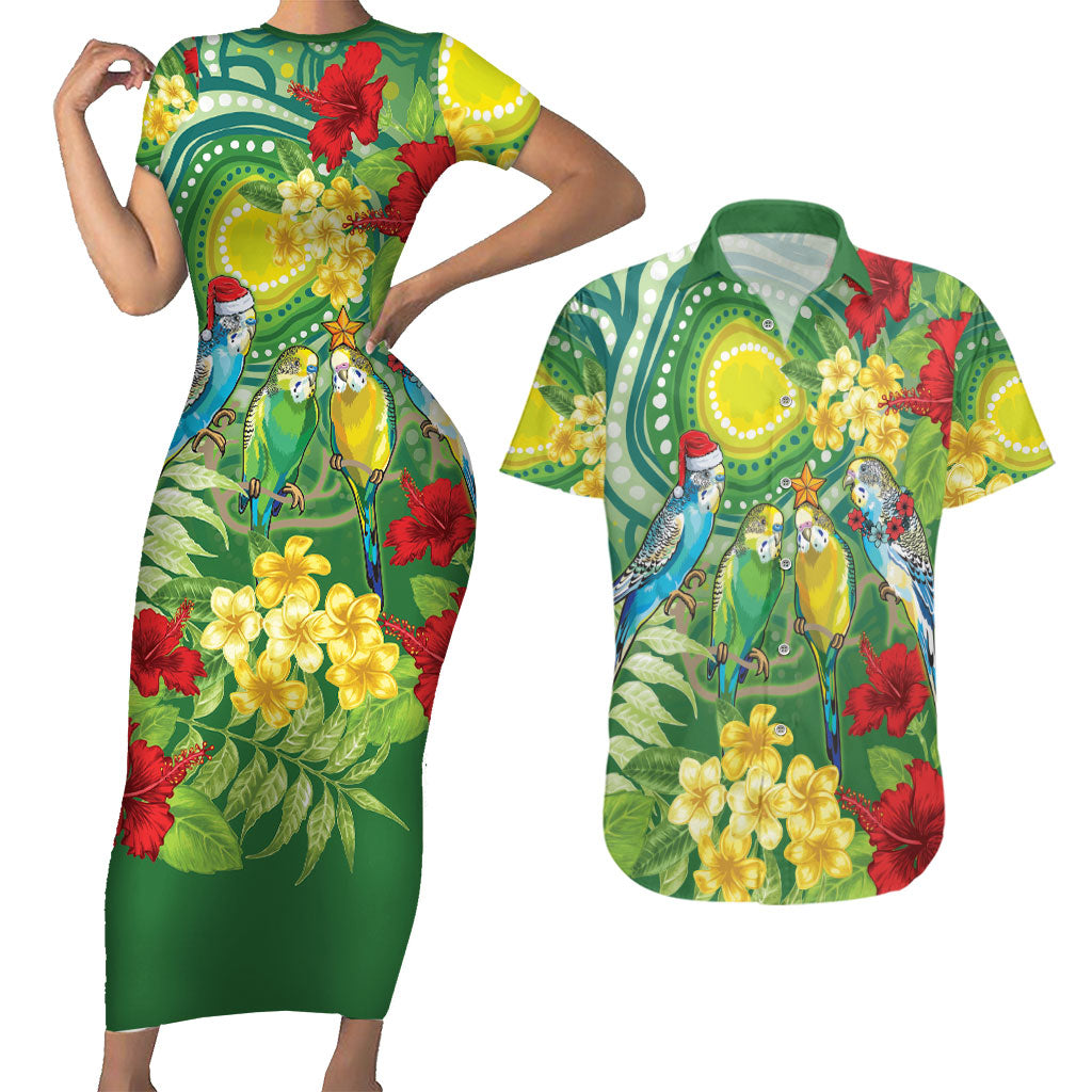 Australia Budgerigars Parakeets Personalised Couples Matching Short Sleeve Bodycon Dress and Hawaiian Shirt Cute Budgies Santa Tropical Flowers
