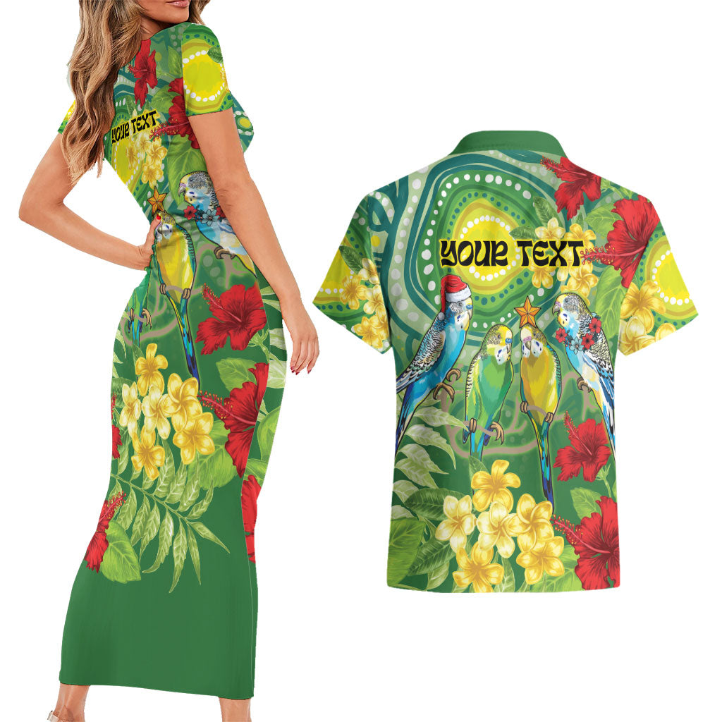 Australia Budgerigars Parakeets Personalised Couples Matching Short Sleeve Bodycon Dress and Hawaiian Shirt Cute Budgies Santa Tropical Flowers