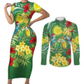 Australia Budgerigars Parakeets Personalised Couples Matching Short Sleeve Bodycon Dress and Long Sleeve Button Shirt Cute Budgies Santa Tropical Flowers