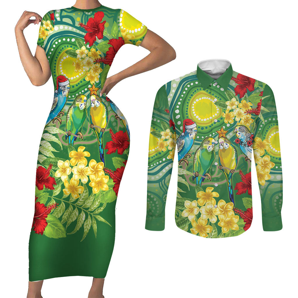 Australia Budgerigars Parakeets Personalised Couples Matching Short Sleeve Bodycon Dress and Long Sleeve Button Shirt Cute Budgies Santa Tropical Flowers