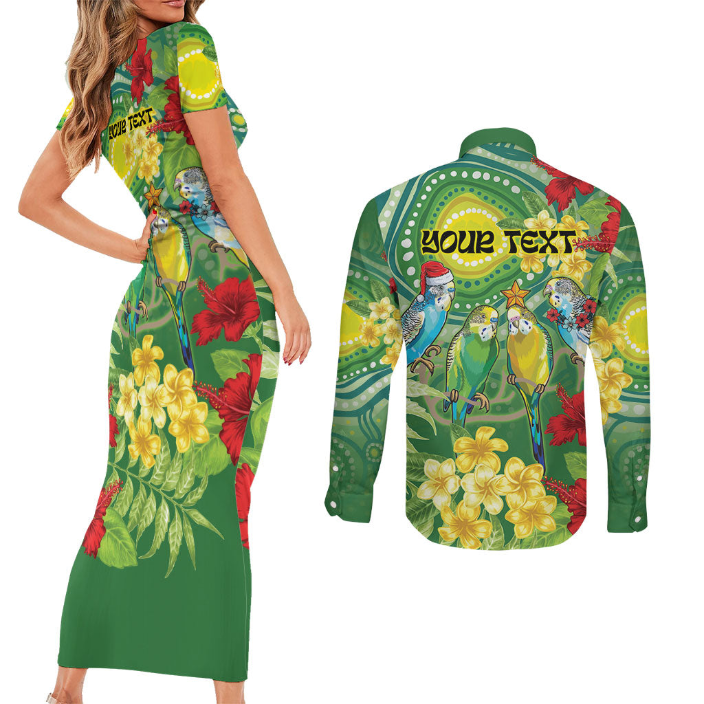 Australia Budgerigars Parakeets Personalised Couples Matching Short Sleeve Bodycon Dress and Long Sleeve Button Shirt Cute Budgies Santa Tropical Flowers