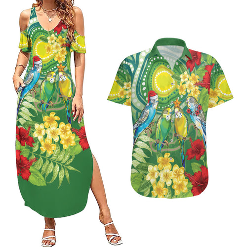 Australia Budgerigars Parakeets Personalised Couples Matching Summer Maxi Dress and Hawaiian Shirt Cute Budgies Santa Tropical Flowers