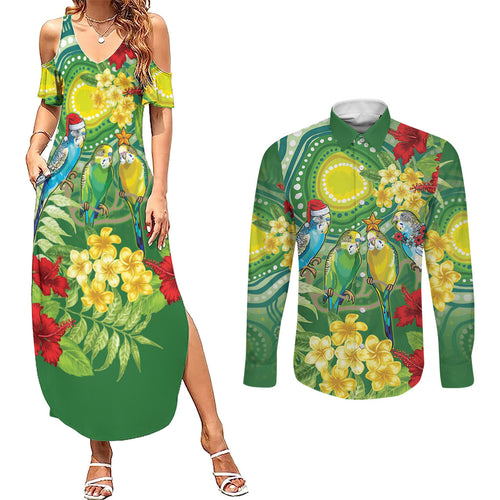 Australia Budgerigars Parakeets Personalised Couples Matching Summer Maxi Dress and Long Sleeve Button Shirt Cute Budgies Santa Tropical Flowers