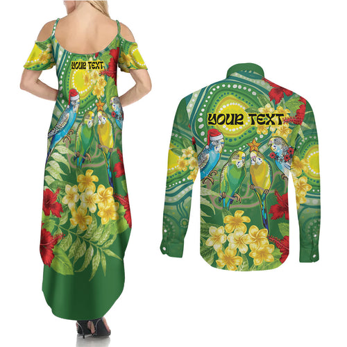 Australia Budgerigars Parakeets Personalised Couples Matching Summer Maxi Dress and Long Sleeve Button Shirt Cute Budgies Santa Tropical Flowers
