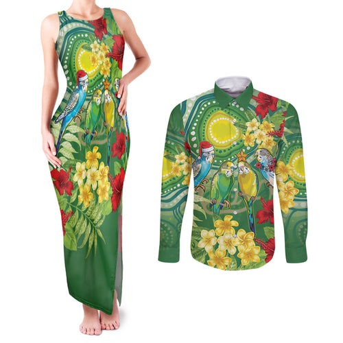Australia Budgerigars Parakeets Personalised Couples Matching Tank Maxi Dress and Long Sleeve Button Shirt Cute Budgies Santa Tropical Flowers