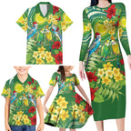 Australia Budgerigars Parakeets Personalised Family Matching Long Sleeve Bodycon Dress and Hawaiian Shirt Cute Budgies Santa Tropical Flowers