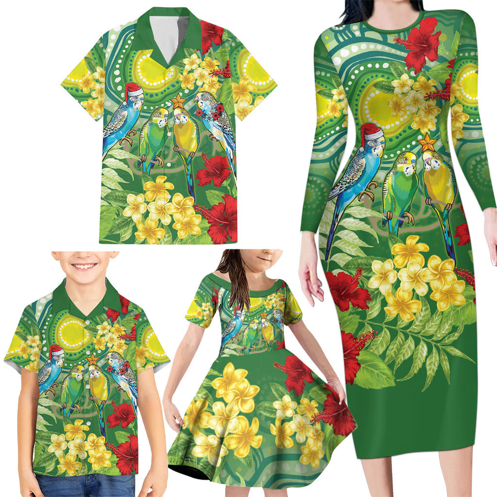Australia Budgerigars Parakeets Personalised Family Matching Long Sleeve Bodycon Dress and Hawaiian Shirt Cute Budgies Santa Tropical Flowers