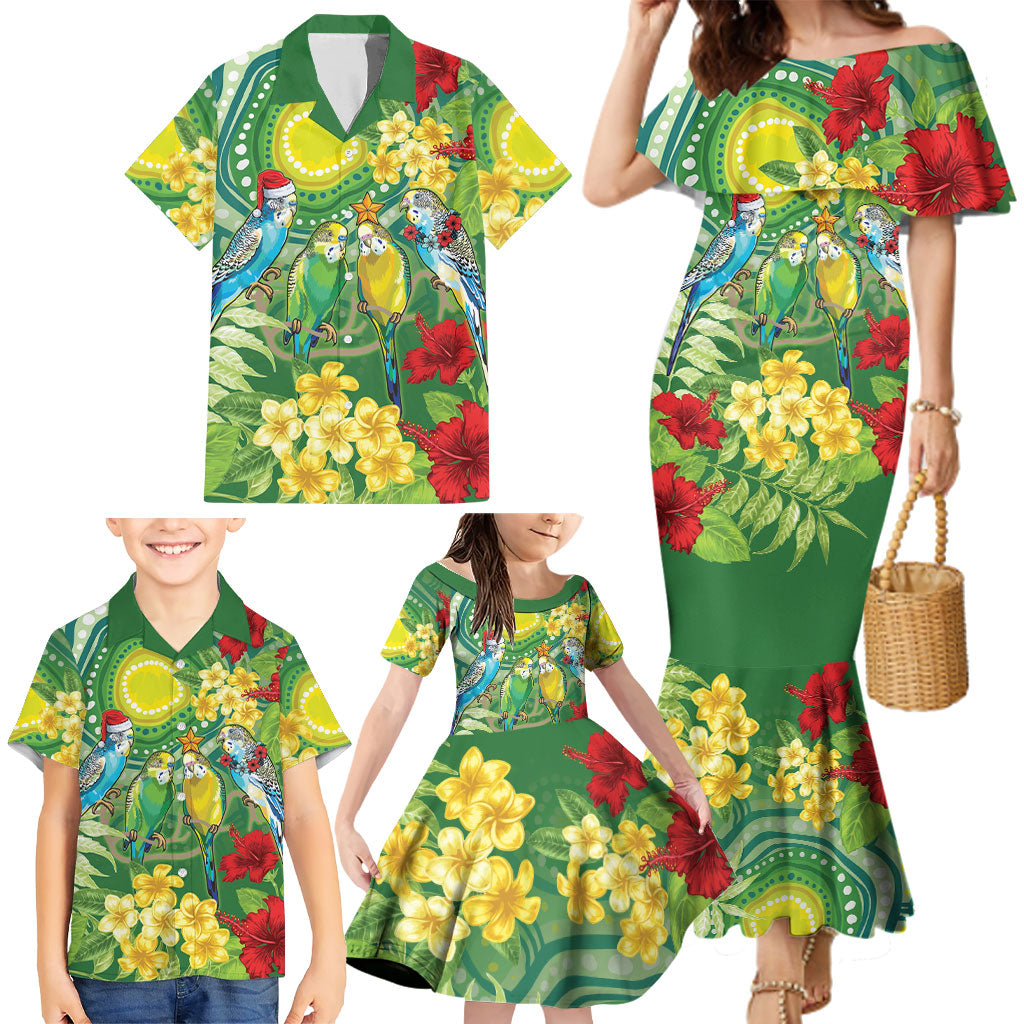 Australia Budgerigars Parakeets Personalised Family Matching Mermaid Dress and Hawaiian Shirt Cute Budgies Santa Tropical Flowers