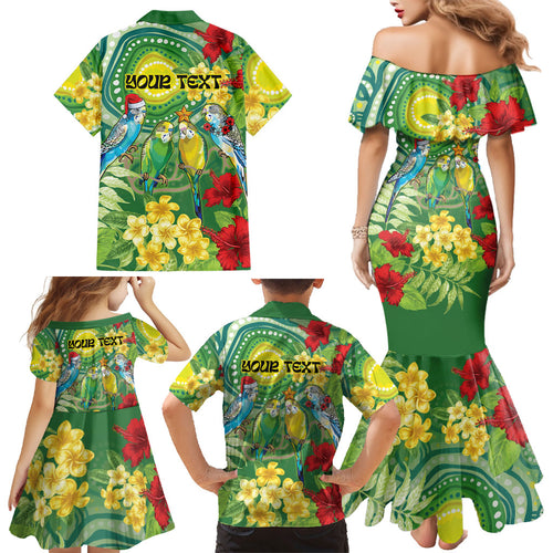 Australia Budgerigars Parakeets Personalised Family Matching Mermaid Dress and Hawaiian Shirt Cute Budgies Santa Tropical Flowers