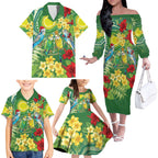 Australia Budgerigars Parakeets Personalised Family Matching Off The Shoulder Long Sleeve Dress and Hawaiian Shirt Cute Budgies Santa Tropical Flowers