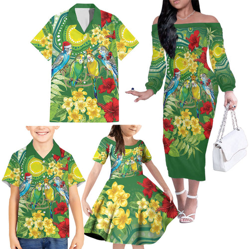 Australia Budgerigars Parakeets Personalised Family Matching Off The Shoulder Long Sleeve Dress and Hawaiian Shirt Cute Budgies Santa Tropical Flowers