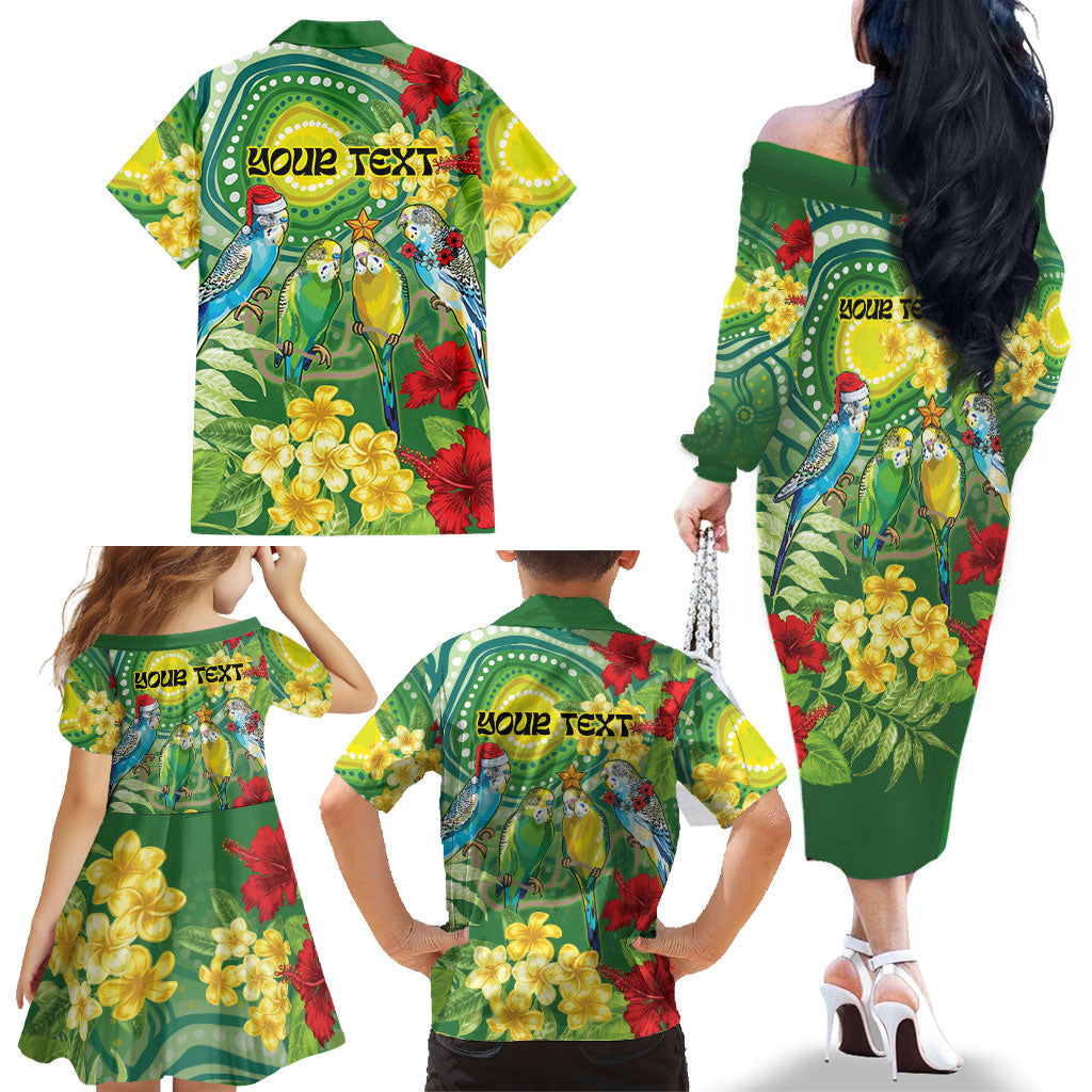 Australia Budgerigars Parakeets Personalised Family Matching Off The Shoulder Long Sleeve Dress and Hawaiian Shirt Cute Budgies Santa Tropical Flowers
