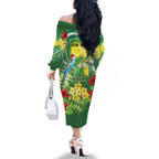 Australia Budgerigars Parakeets Personalised Family Matching Off The Shoulder Long Sleeve Dress and Hawaiian Shirt Cute Budgies Santa Tropical Flowers