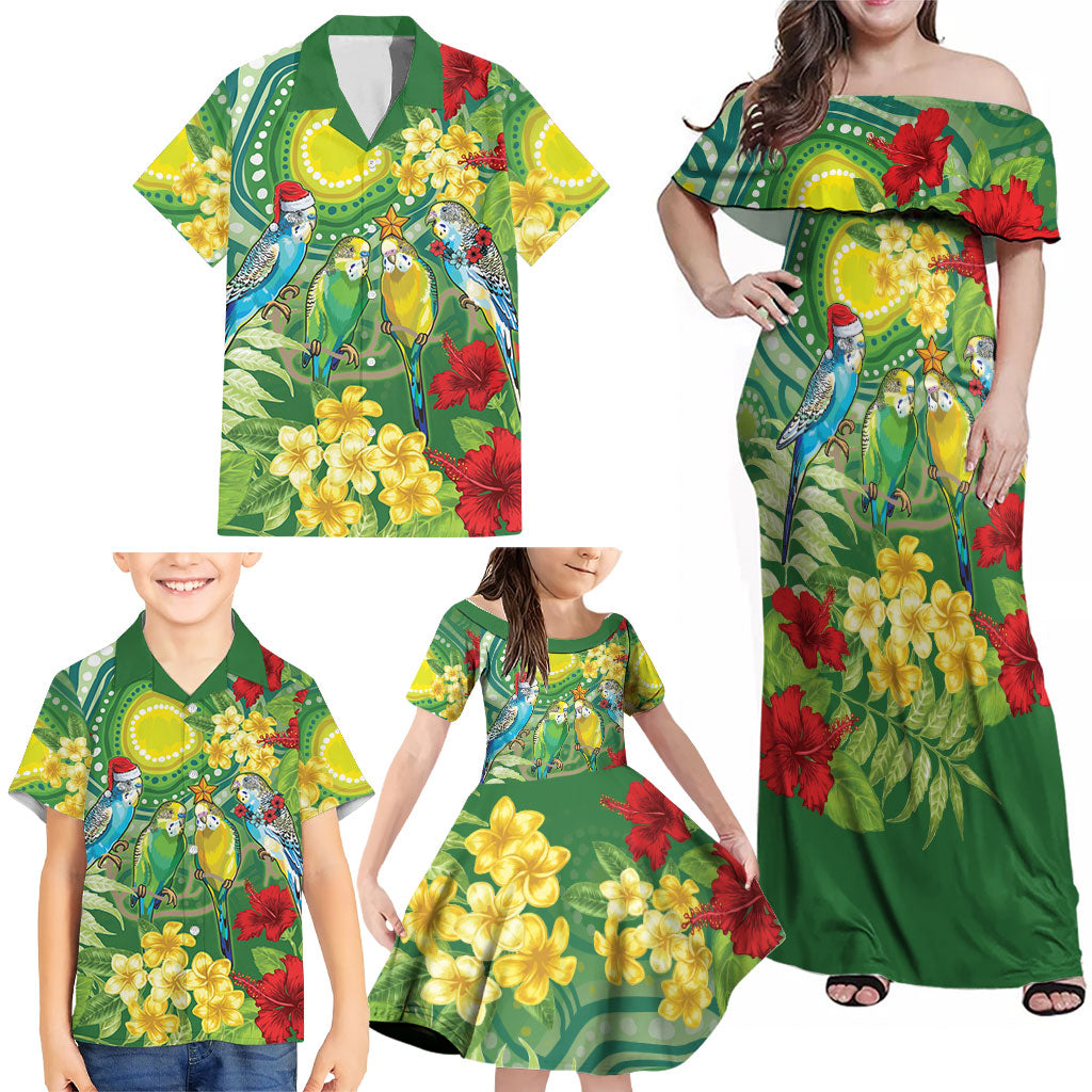 Australia Budgerigars Parakeets Personalised Family Matching Off Shoulder Maxi Dress and Hawaiian Shirt Cute Budgies Santa Tropical Flowers