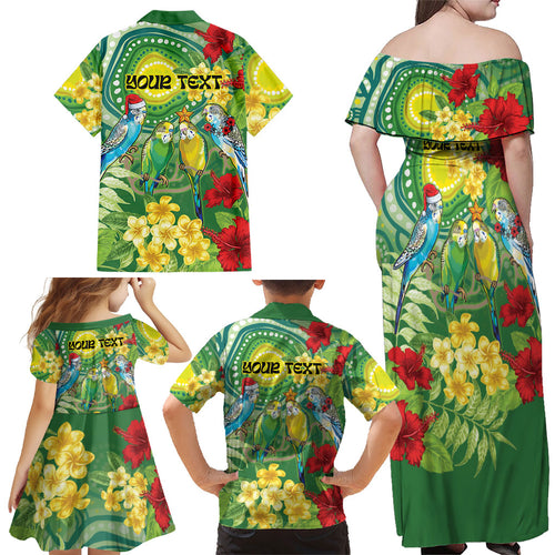 Australia Budgerigars Parakeets Personalised Family Matching Off Shoulder Maxi Dress and Hawaiian Shirt Cute Budgies Santa Tropical Flowers
