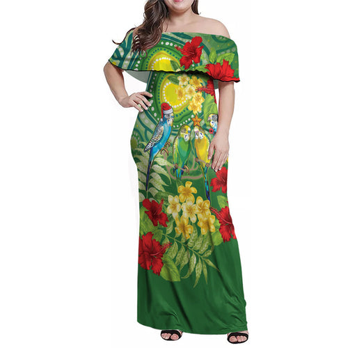Australia Budgerigars Parakeets Personalised Family Matching Off Shoulder Maxi Dress and Hawaiian Shirt Cute Budgies Santa Tropical Flowers