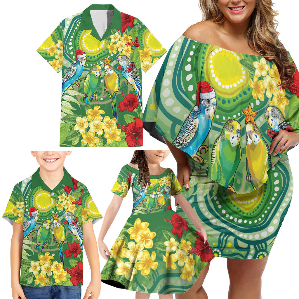 Australia Budgerigars Parakeets Personalised Family Matching Off Shoulder Short Dress and Hawaiian Shirt Cute Budgies Santa Tropical Flowers